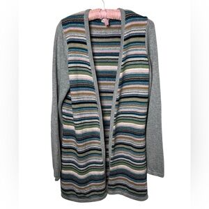 Orvis Wool Blend Long Cardigan Multicolour Striped Elbow Patches Women’s Medium